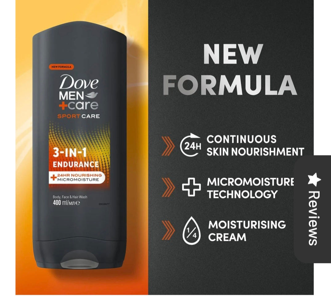 Gel douche 3-en-1 Dove Men Endurance corps, visage et cheveux, 400 ml