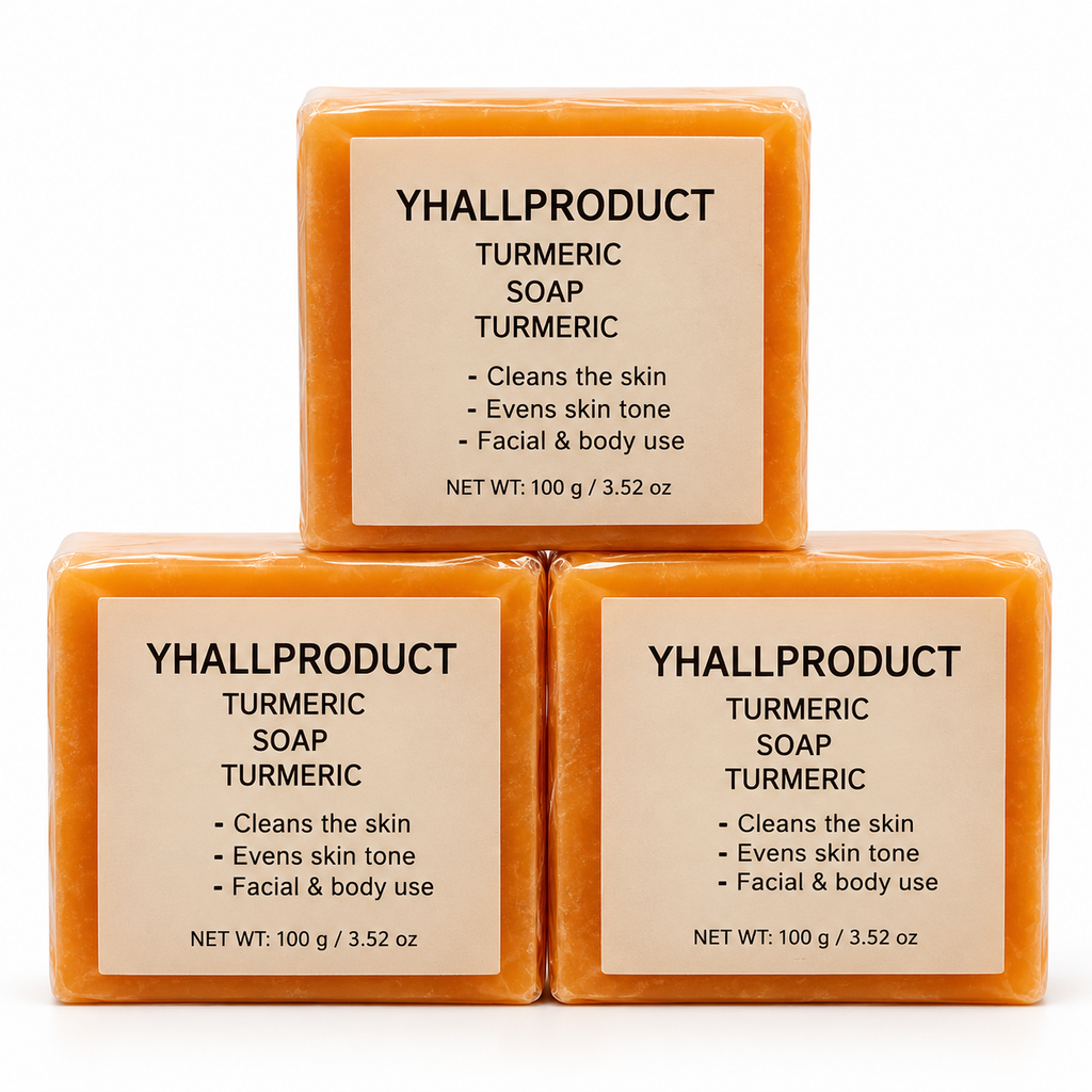 YHALLPRODUCT Savon au curcuma (lot de 3) – Savon éclaircissant naturel pour le visage et le corps, éclaircit les taches sombres et unifie le teint (3 × 100g)
